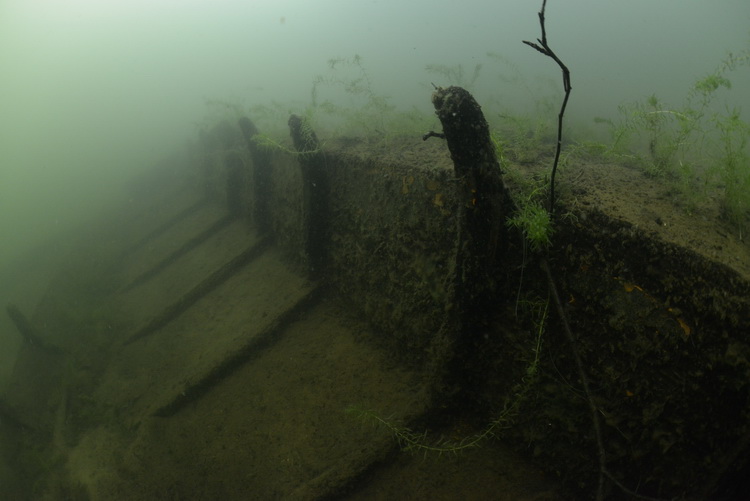 Houten wrakje in de meerse plas