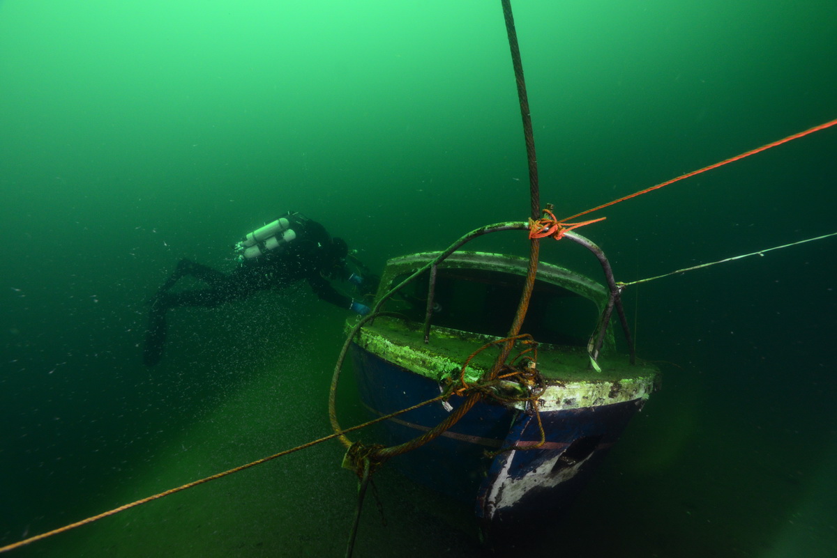 Blauwe wrakje in de groene heuvels