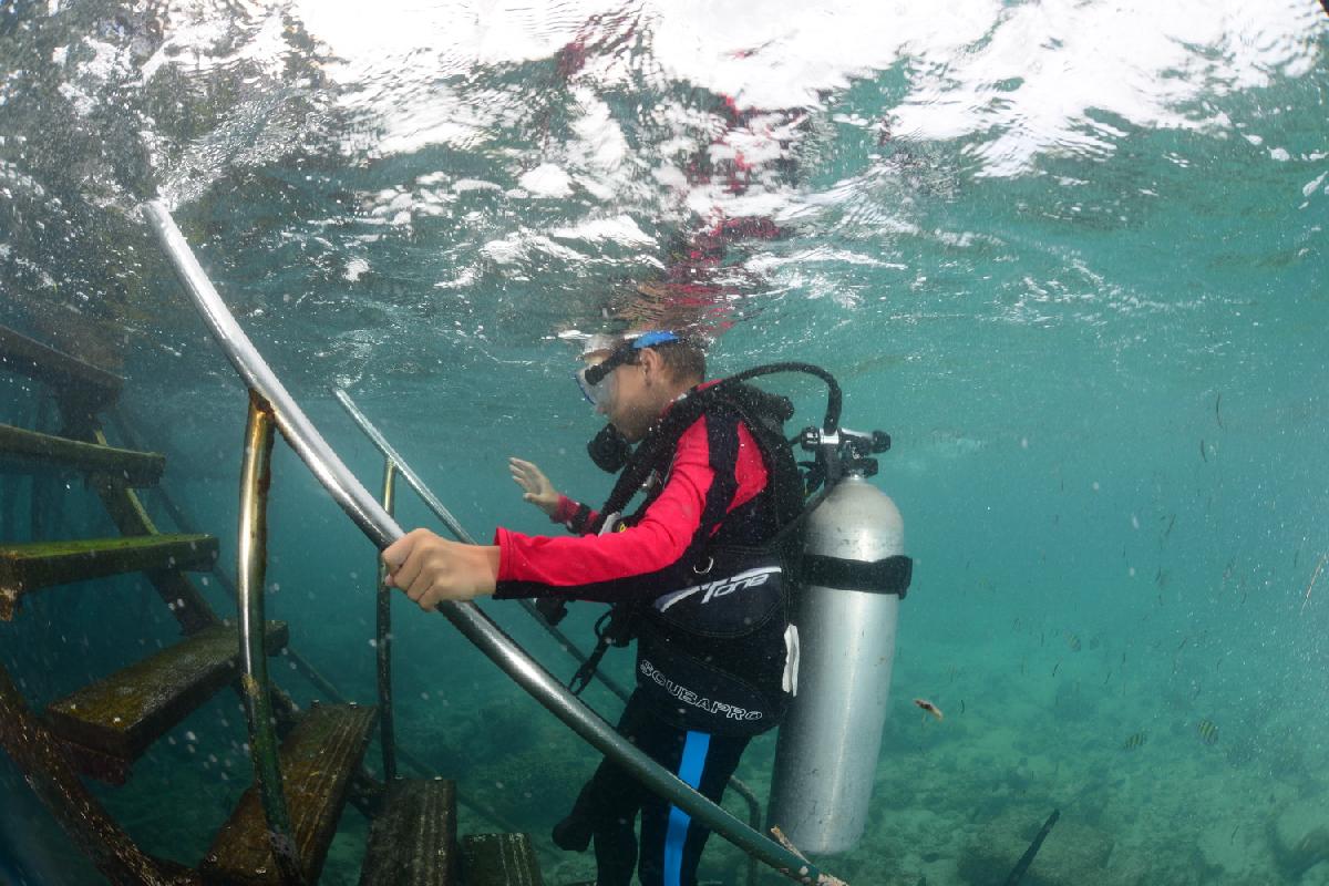 bas doet oefeningen voor discover scuba diving